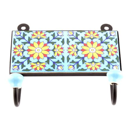 Turquoise And Yellow Sunflower Ceramic Tiles Hooks